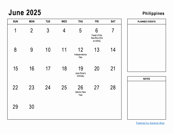 June 2025 Printable Monthly Calendar with Philippines Holidays