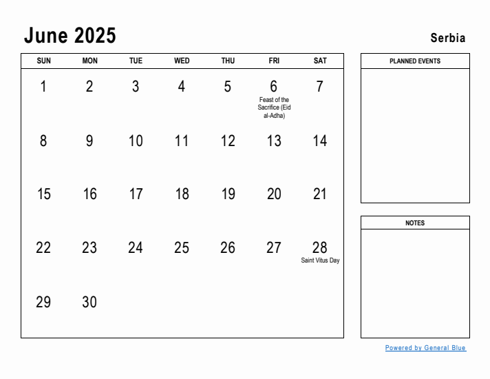 June 2025 Printable Monthly Calendar with Serbia Holidays