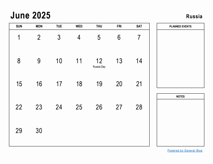 June 2025 Printable Monthly Calendar with Russia Holidays