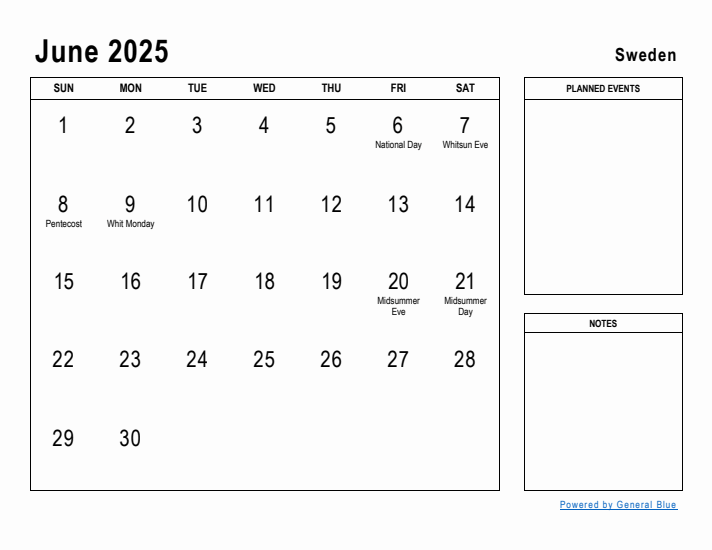 June 2025 Printable Monthly Calendar with Sweden Holidays