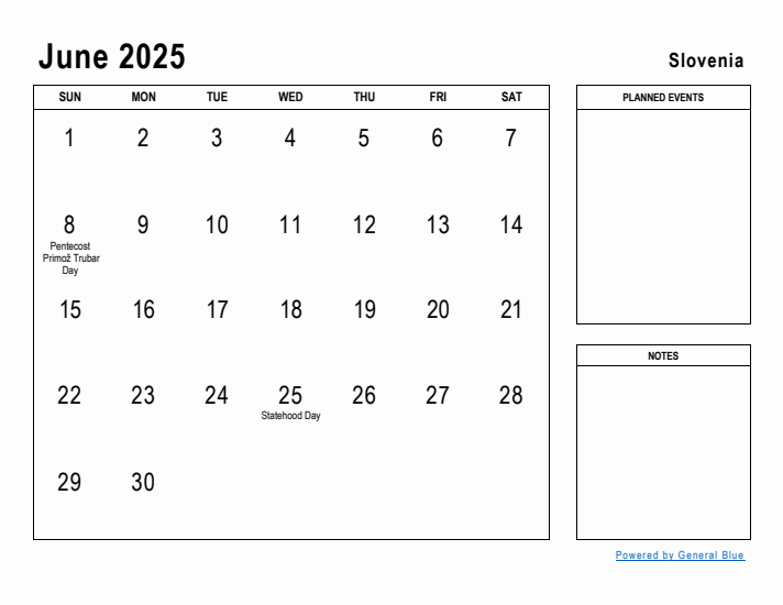 June 2025 Printable Monthly Calendar with Slovenia Holidays