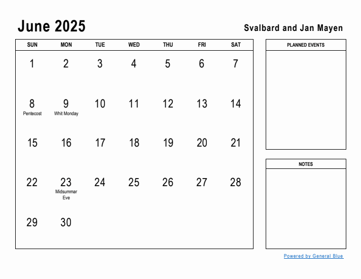 June 2025 Printable Monthly Calendar with Svalbard and Jan Mayen Holidays