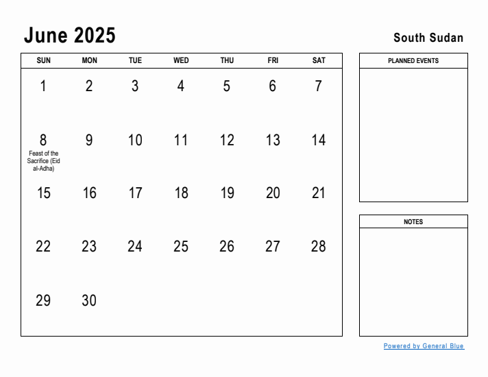 June 2025 Printable Monthly Calendar with South Sudan Holidays