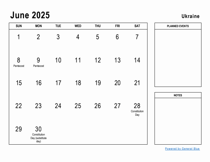 June 2025 Printable Monthly Calendar with Ukraine Holidays