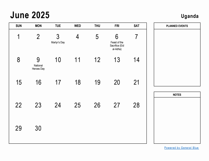 June 2025 Printable Monthly Calendar with Uganda Holidays