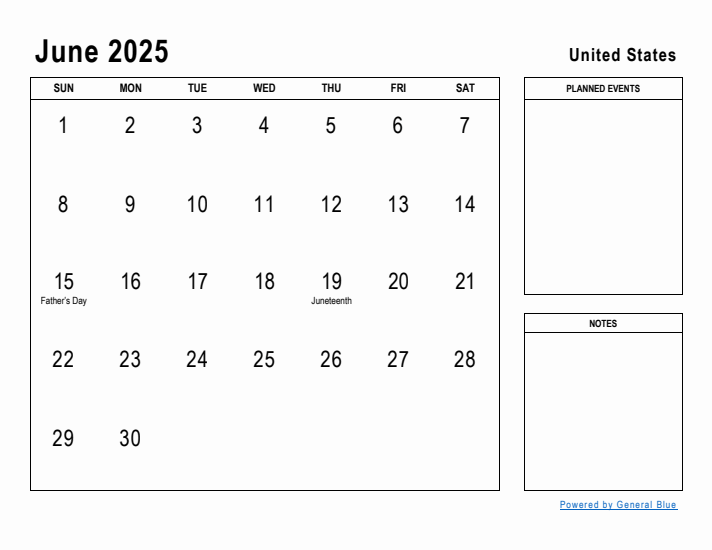 June 2025 Printable Monthly Calendar with United States Holidays