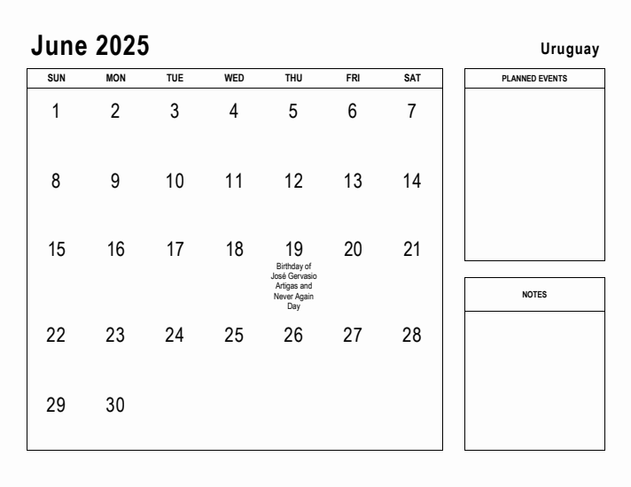 June 2025 Printable Monthly Calendar with Uruguay Holidays