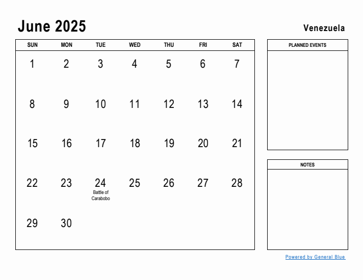 June 2025 Printable Monthly Calendar with Venezuela Holidays