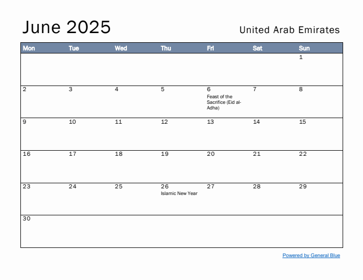 June 2025 Simple Monthly Calendar for United Arab Emirates