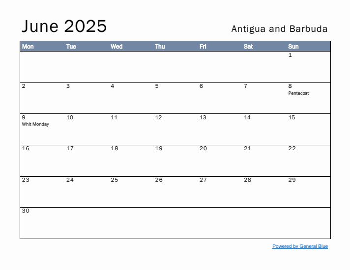 June 2025 Simple Monthly Calendar for Antigua and Barbuda