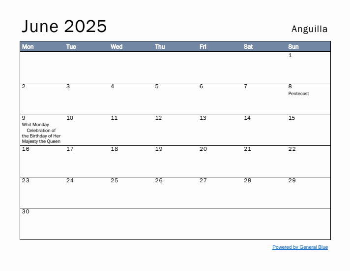 June 2025 Simple Monthly Calendar for Anguilla