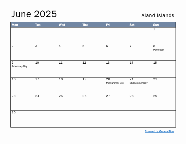 June 2025 Simple Monthly Calendar for Aland Islands