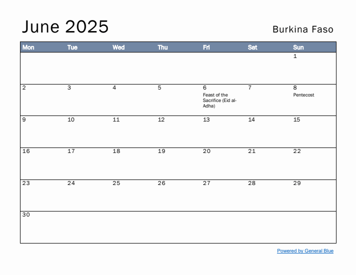 June 2025 Simple Monthly Calendar for Burkina Faso