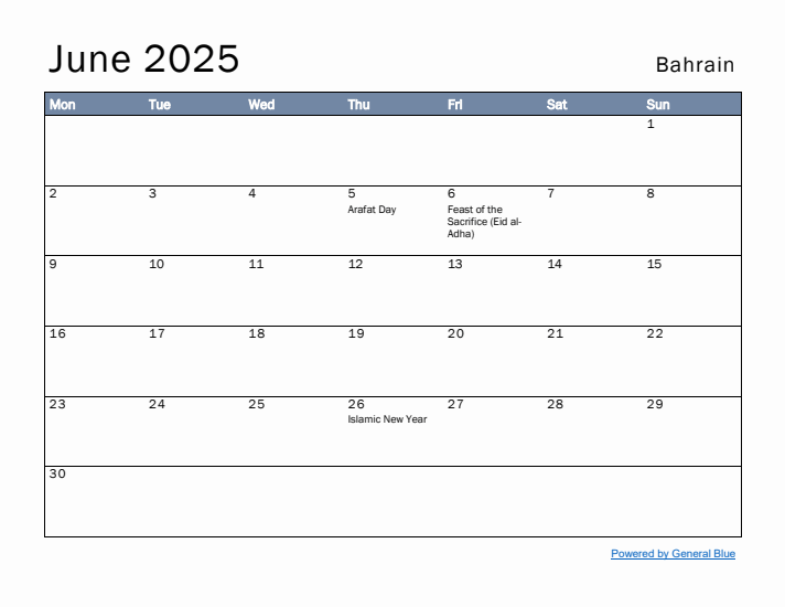 June 2025 Simple Monthly Calendar for Bahrain