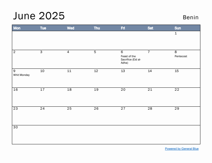 June 2025 Simple Monthly Calendar for Benin