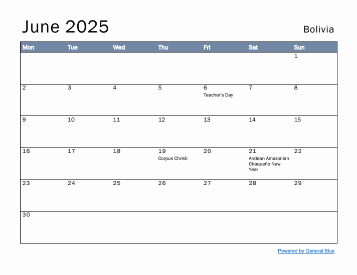 June 2025 Simple Monthly Calendar for Bolivia