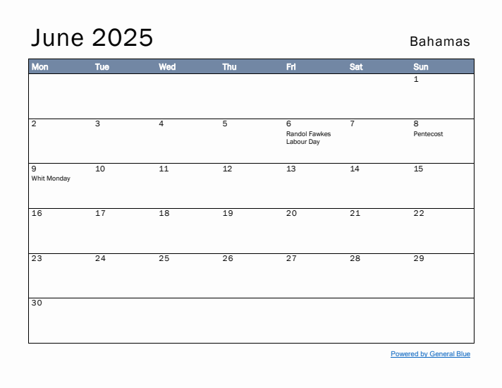 June 2025 Simple Monthly Calendar for Bahamas