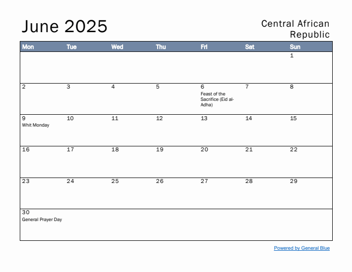 June 2025 Simple Monthly Calendar for Central African Republic