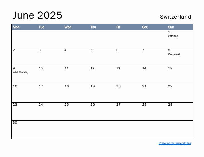 June 2025 Simple Monthly Calendar for Switzerland