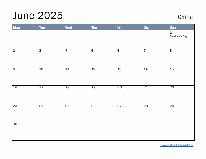 June 2025 Simple Monthly Calendar for China