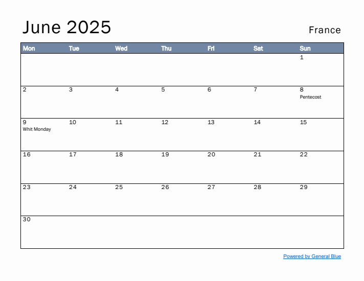 June 2025 Simple Monthly Calendar for France