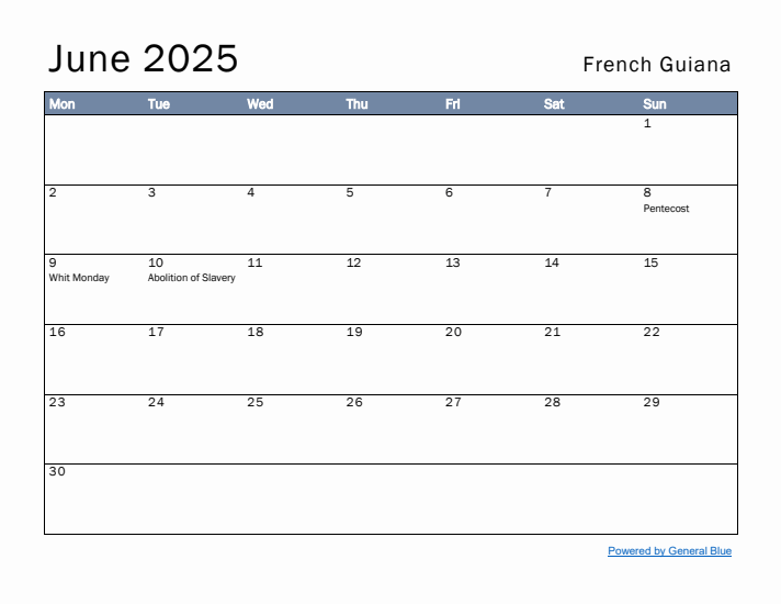 June 2025 Simple Monthly Calendar for French Guiana