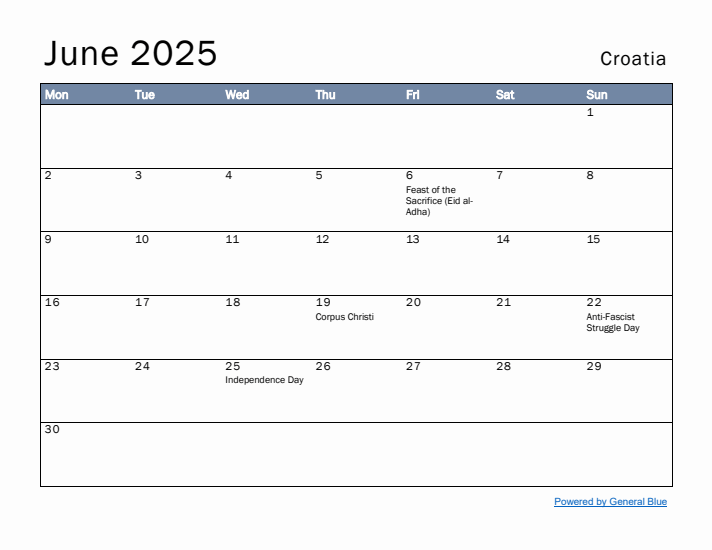 June 2025 Simple Monthly Calendar for Croatia