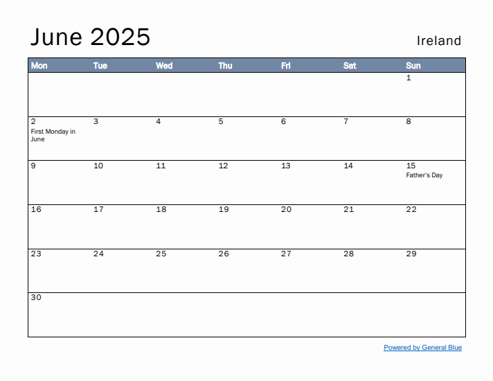 June 2025 Simple Monthly Calendar for Ireland