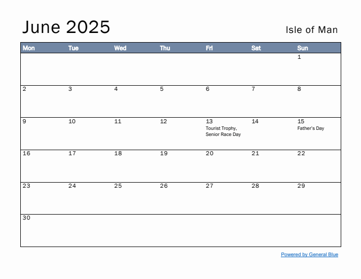 June 2025 Simple Monthly Calendar for Isle of Man