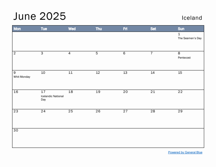 June 2025 Simple Monthly Calendar for Iceland