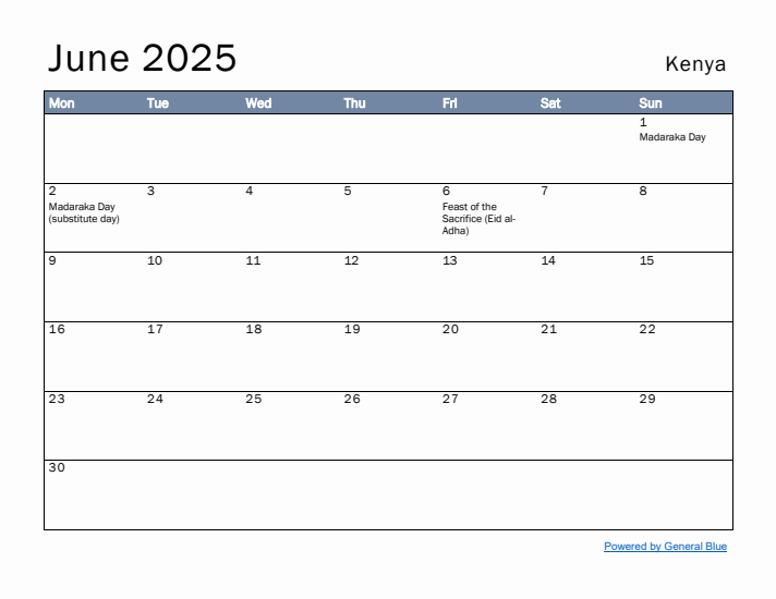 June 2025 Simple Monthly Calendar for Kenya