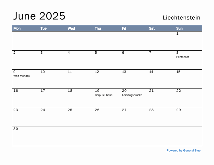 June 2025 Simple Monthly Calendar for Liechtenstein