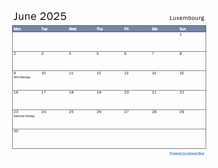 June 2025 Simple Monthly Calendar for Luxembourg