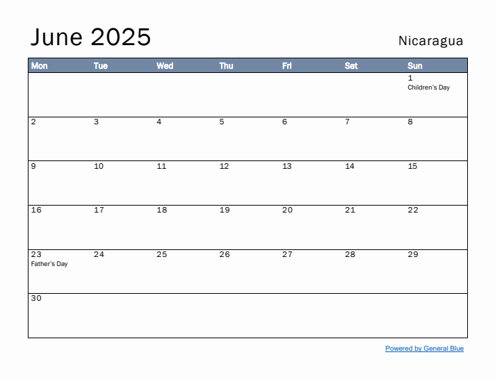 June 2025 Simple Monthly Calendar for Nicaragua