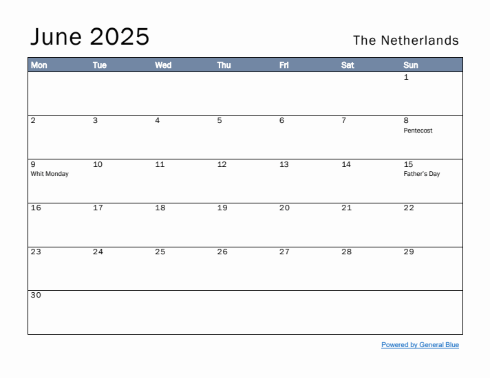 June 2025 Simple Monthly Calendar for The Netherlands