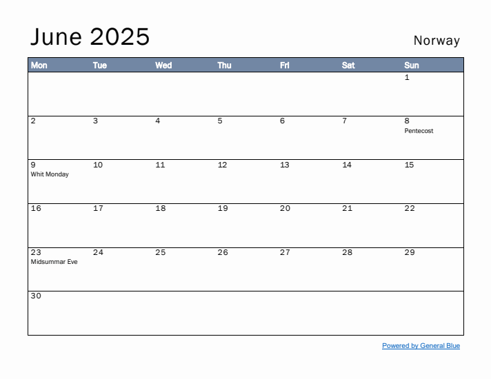 June 2025 Simple Monthly Calendar for Norway