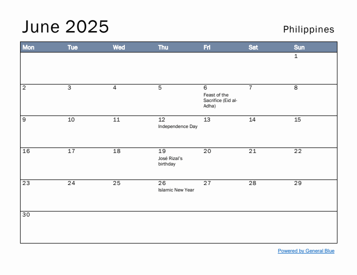 June 2025 Simple Monthly Calendar for Philippines