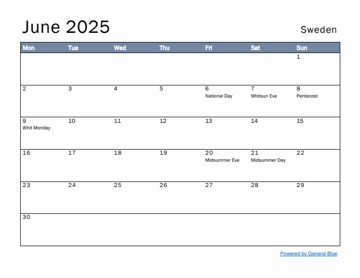 June 2025 Simple Monthly Calendar for Sweden