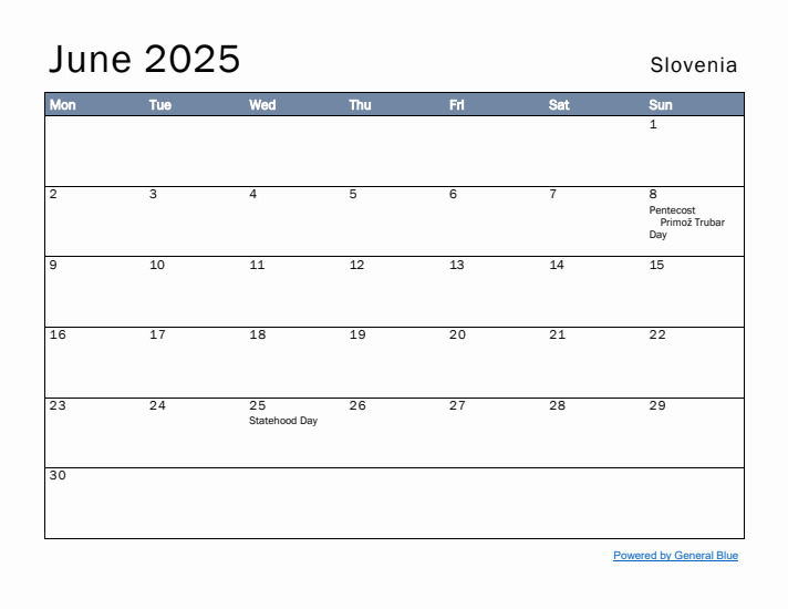 June 2025 Simple Monthly Calendar for Slovenia