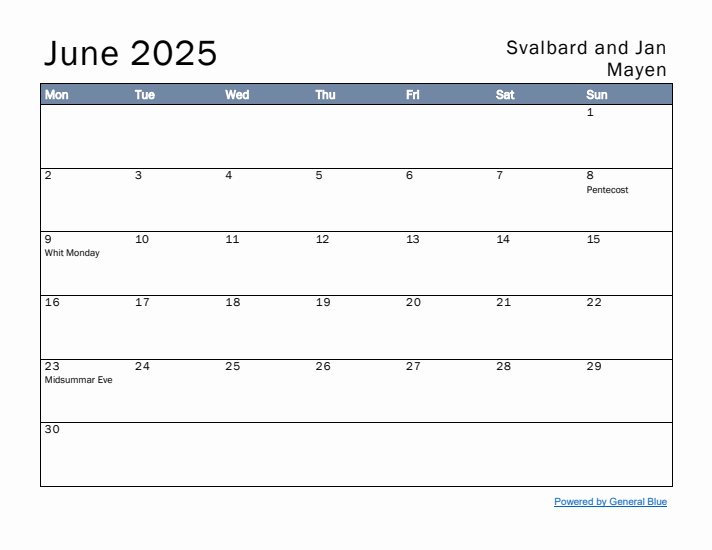 June 2025 Simple Monthly Calendar for Svalbard and Jan Mayen