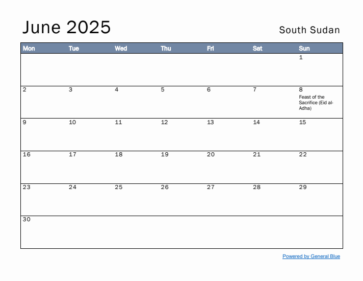 June 2025 Simple Monthly Calendar for South Sudan