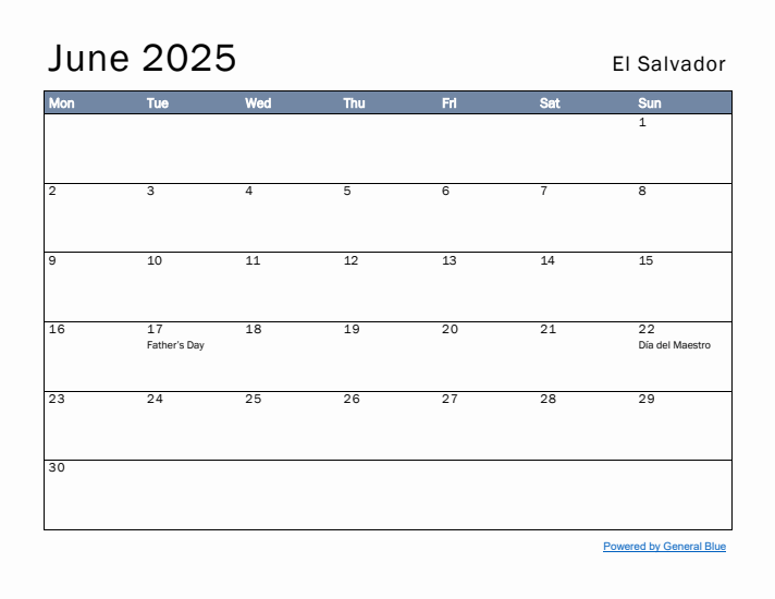 June 2025 Simple Monthly Calendar for El Salvador