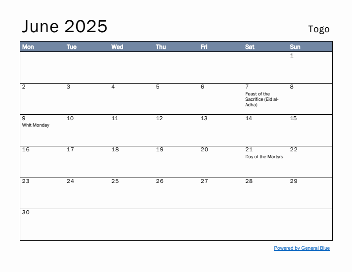 June 2025 Simple Monthly Calendar for Togo