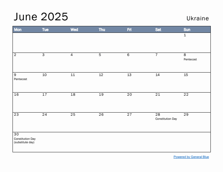 June 2025 Simple Monthly Calendar for Ukraine