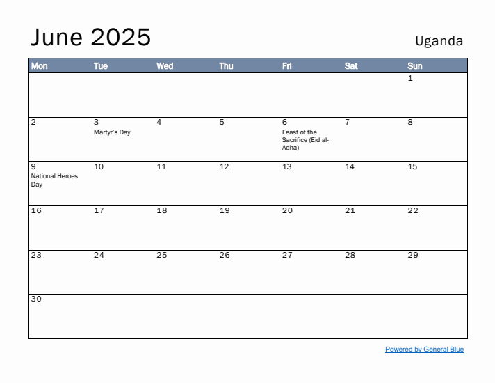 June 2025 Simple Monthly Calendar for Uganda