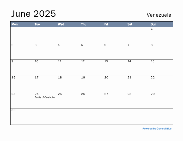 June 2025 Simple Monthly Calendar for Venezuela