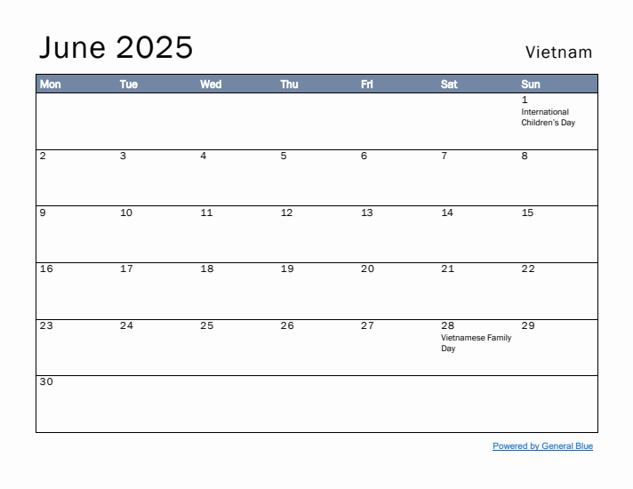 June 2025 Simple Monthly Calendar for Vietnam