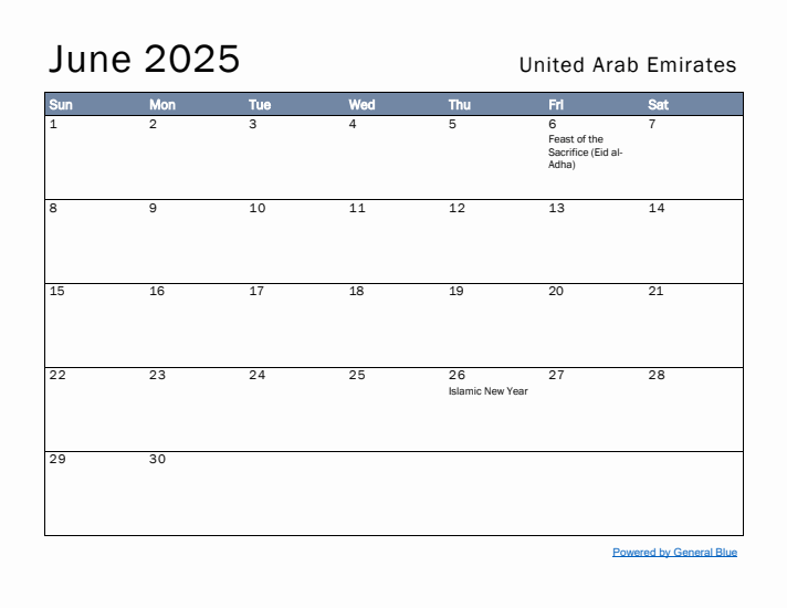 June 2025 Simple Monthly Calendar for United Arab Emirates