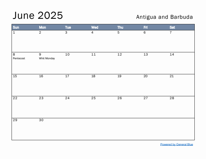 June 2025 Simple Monthly Calendar for Antigua and Barbuda