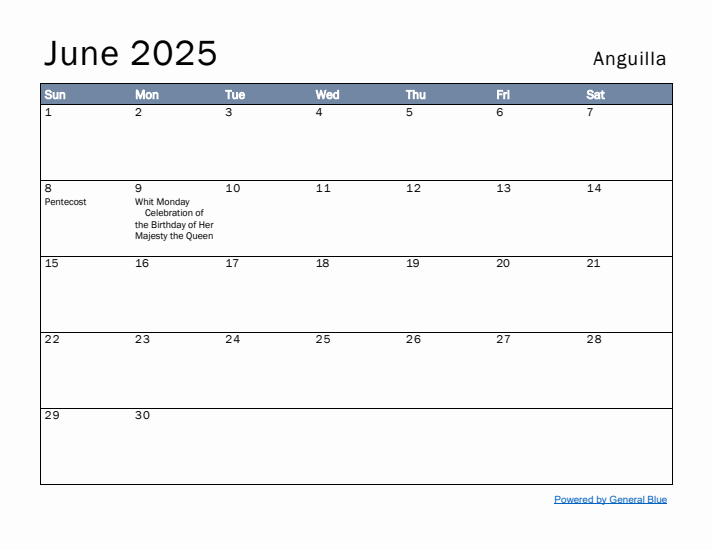 June 2025 Simple Monthly Calendar for Anguilla